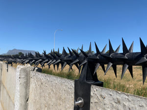 single row rotating spikes, Star rotating spikes, wall spikes, most effective anti-climb wall spikes, security spike, protect your home, secure your home business, security south africa, Spike-it security, Rola spikes, Star Spikes, rotating security spikes, wall spikes, vibracrete spikes, brick wall spikes,